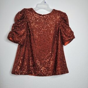 Anthropologie Rust Copper Sequin Puff Sleeve Party Blouse US 2 UK 6 EU 34